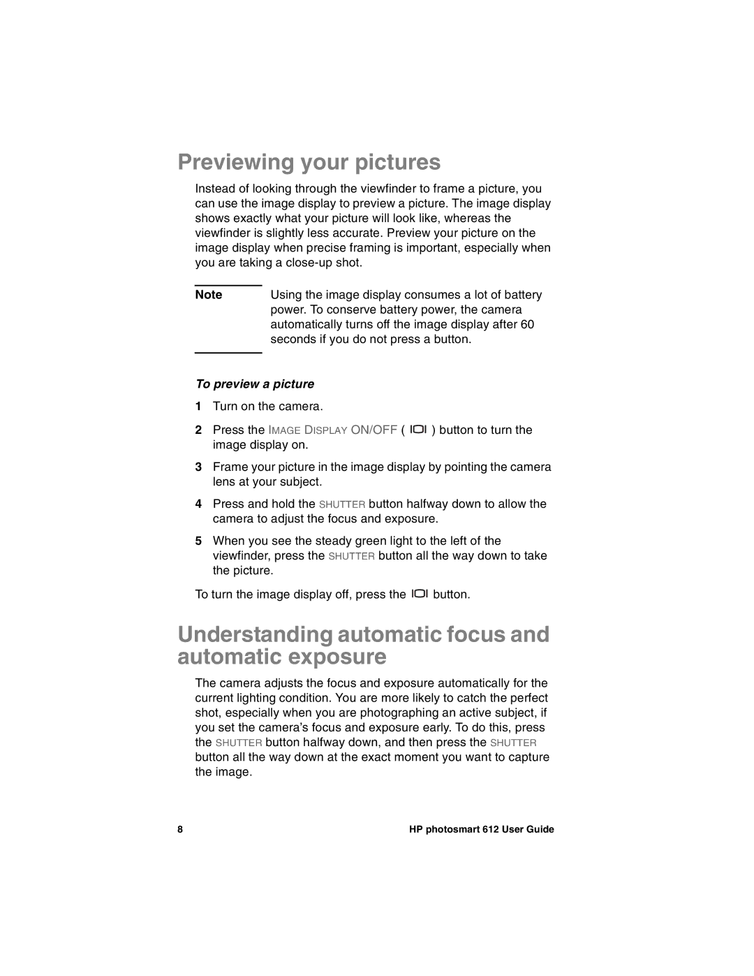HP 612 manual Previewing your pictures, Understanding automatic focus and automatic exposure, To preview a picture 