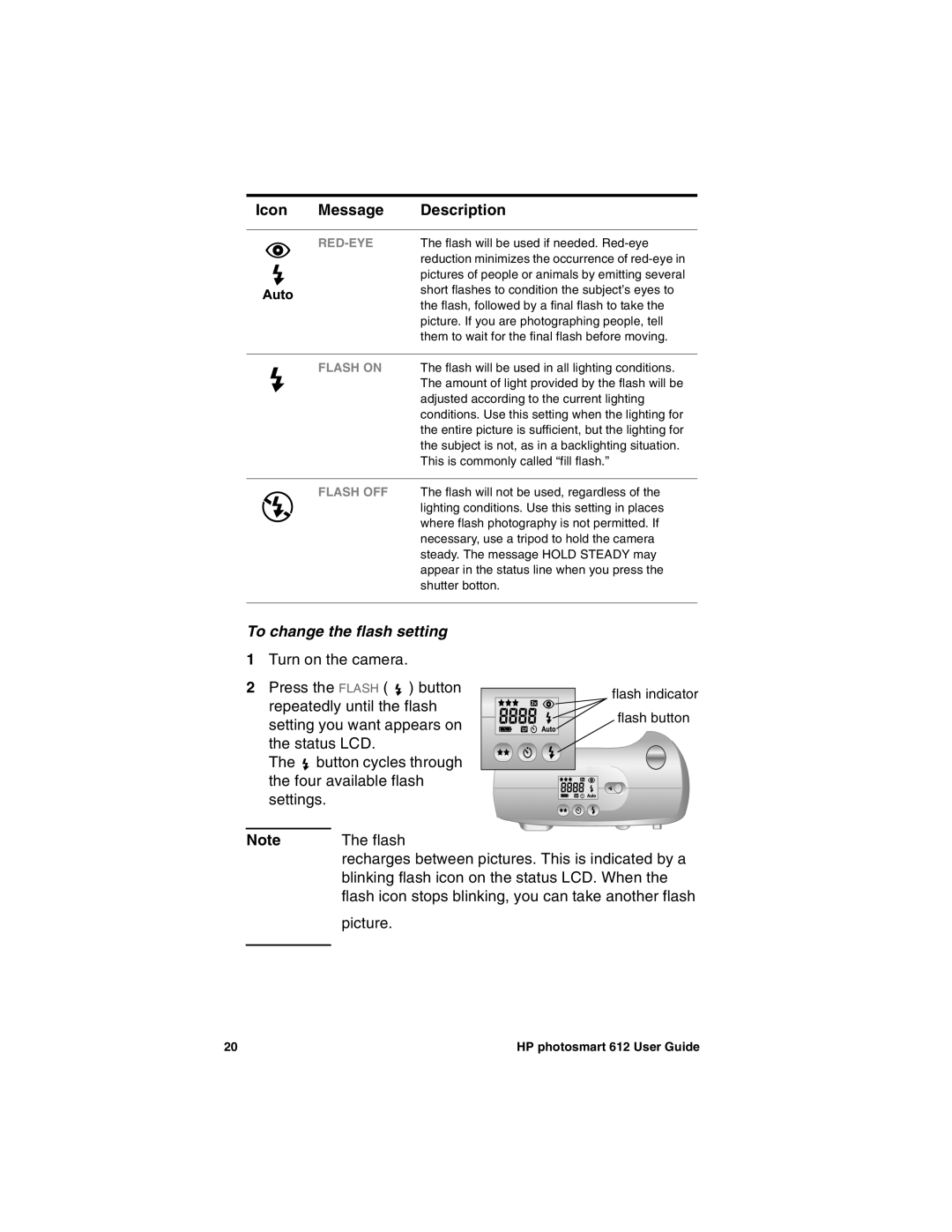 HP 612 manual To change the flash setting, Red-Eye 