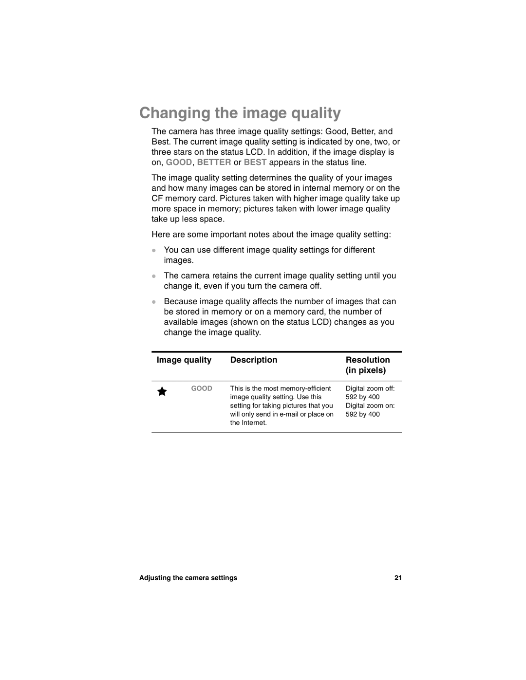 HP 612 manual Changing the image quality, Image quality Description Resolution Pixels 