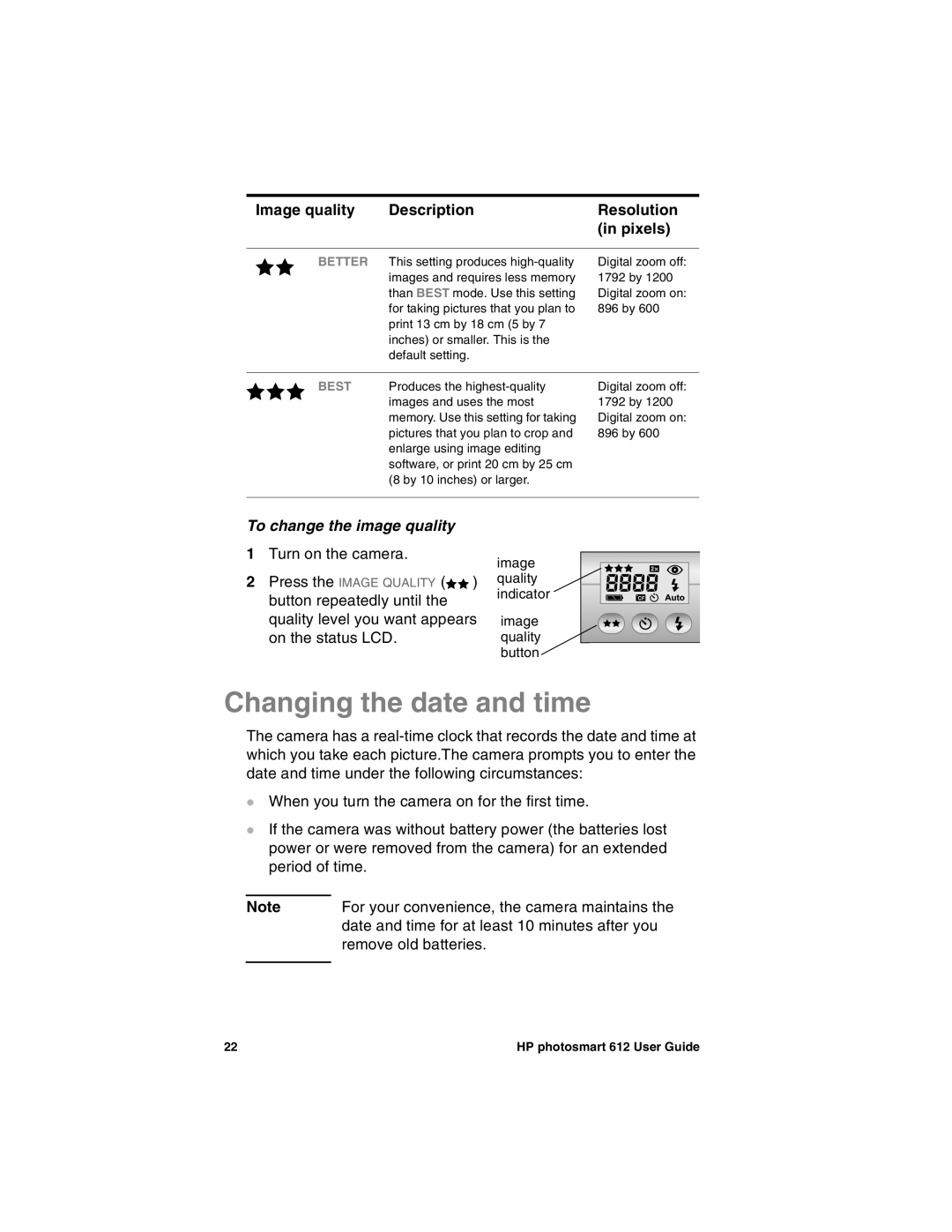 HP 612 manual Changing the date and time, To change the image quality 