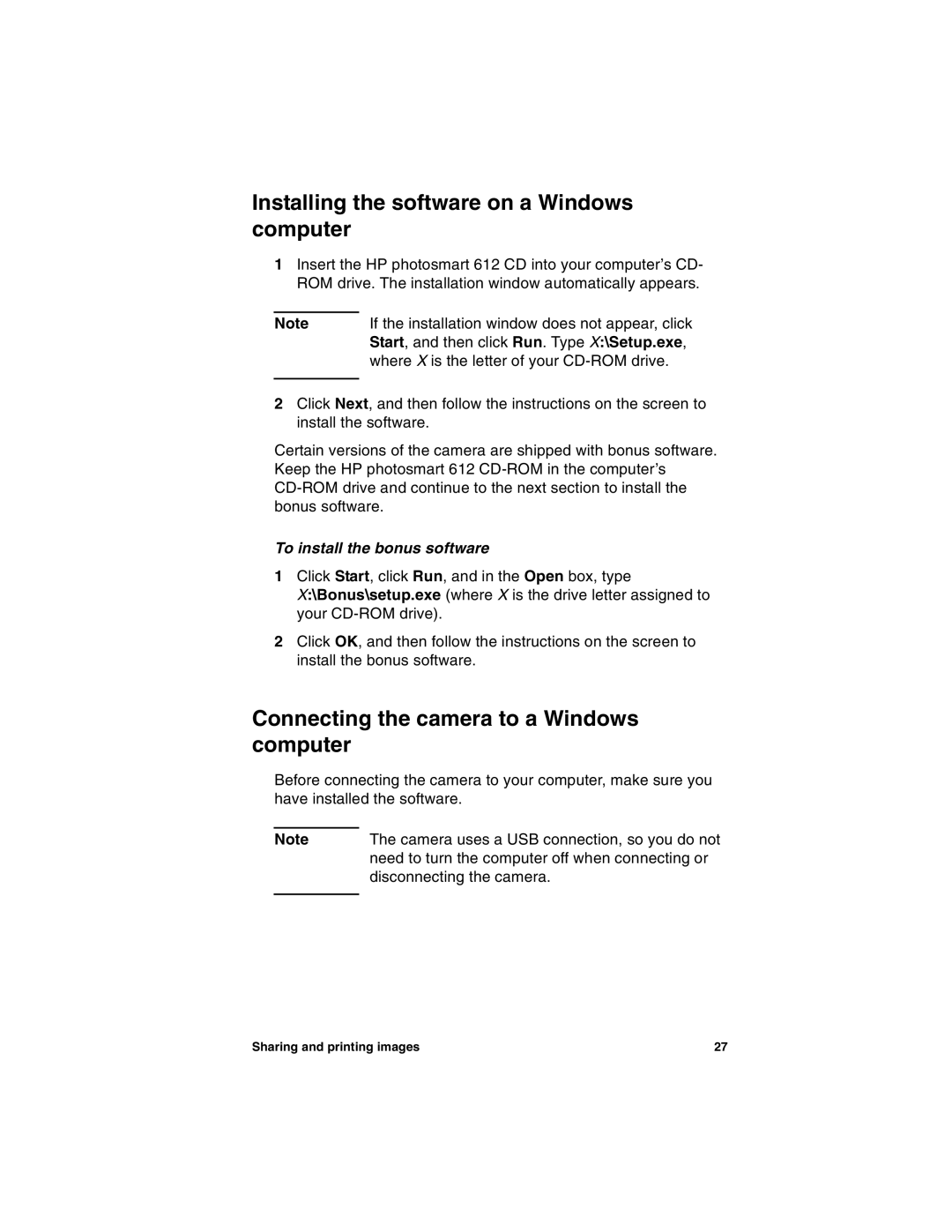 HP 612 manual Installing the software on a Windows computer, Connecting the camera to a Windows computer 