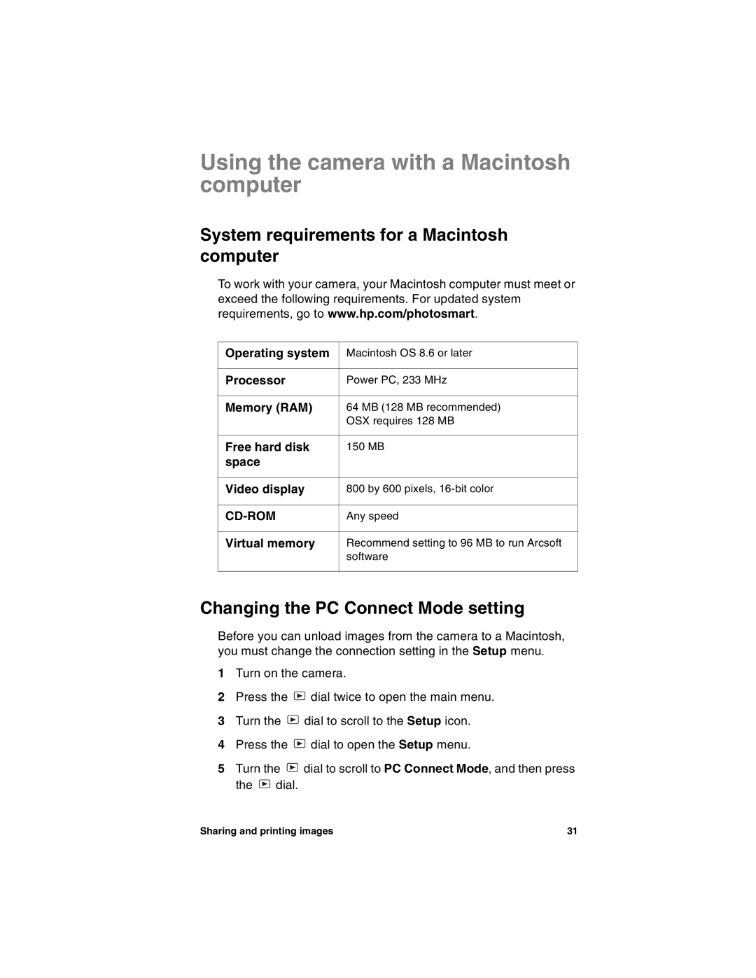 HP 612 manual Using the camera with a Macintosh computer, System requirements for a Macintosh computer, Virtual memory 