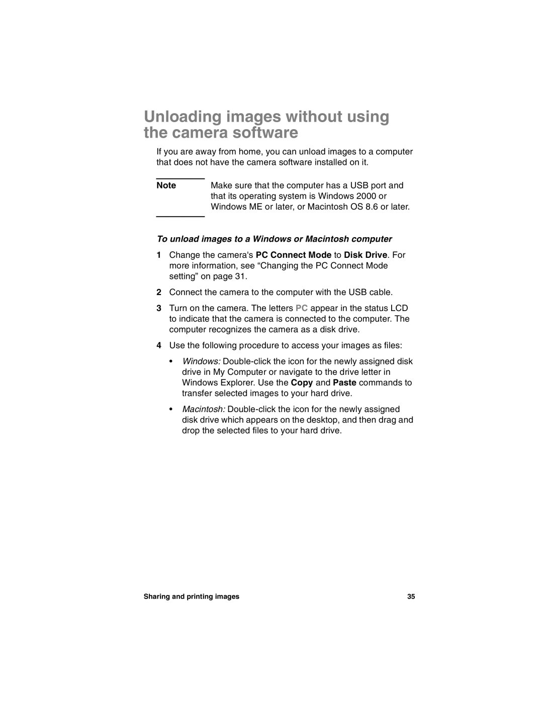 HP 612 manual Unloading images without using the camera software, To unload images to a Windows or Macintosh computer 