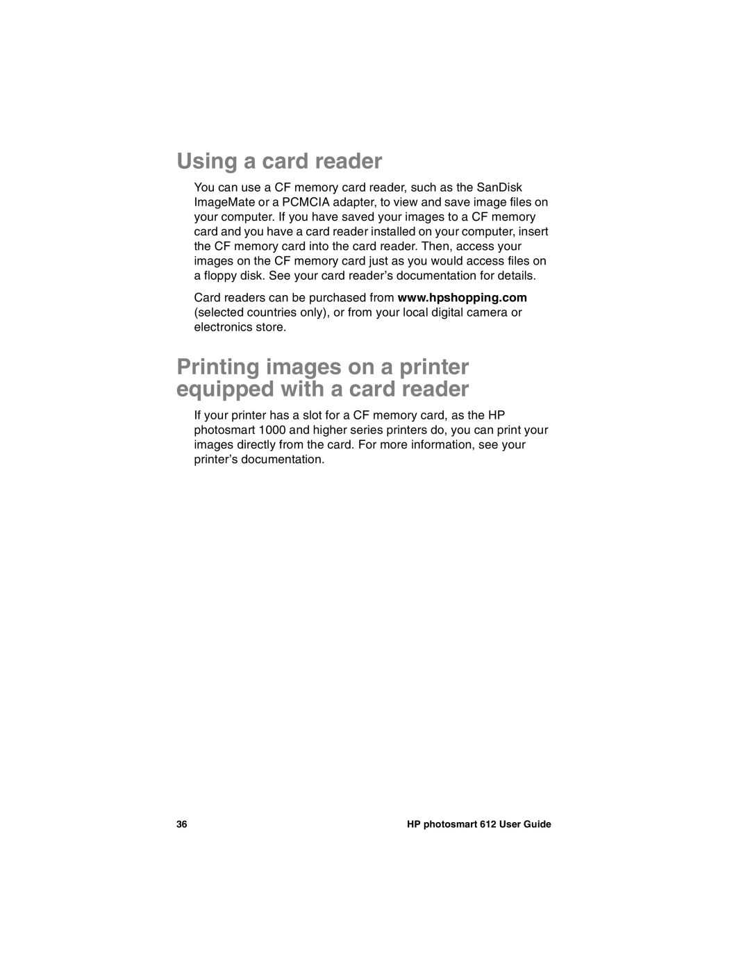 HP 612 manual Using a card reader, Printing images on a printer equipped with a card reader 