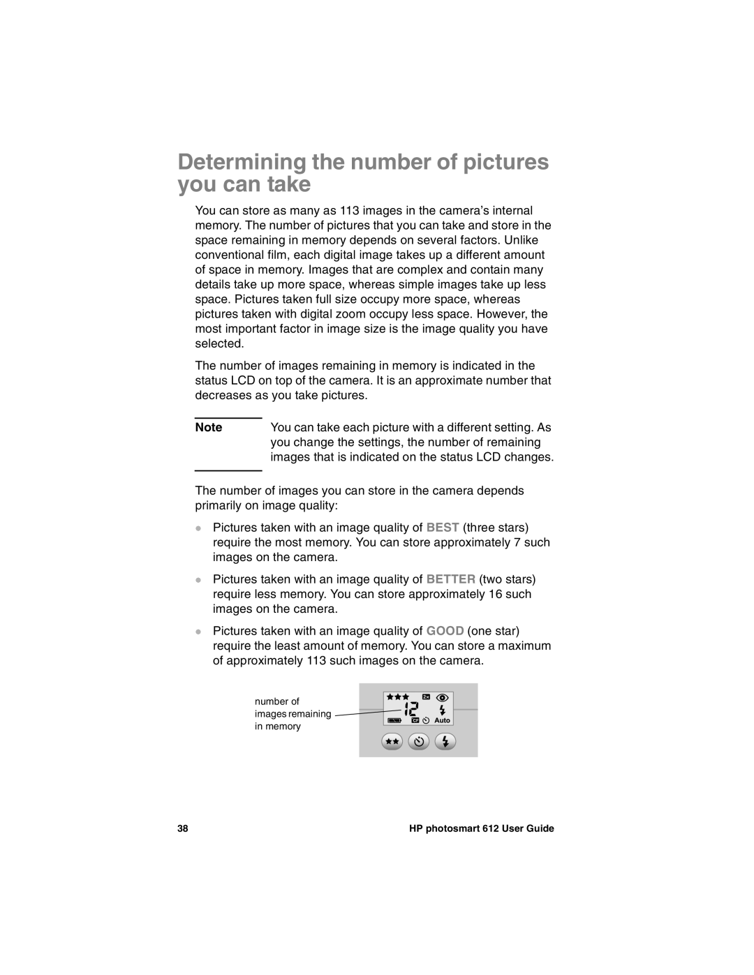 HP 612 manual Determining the number of pictures you can take 