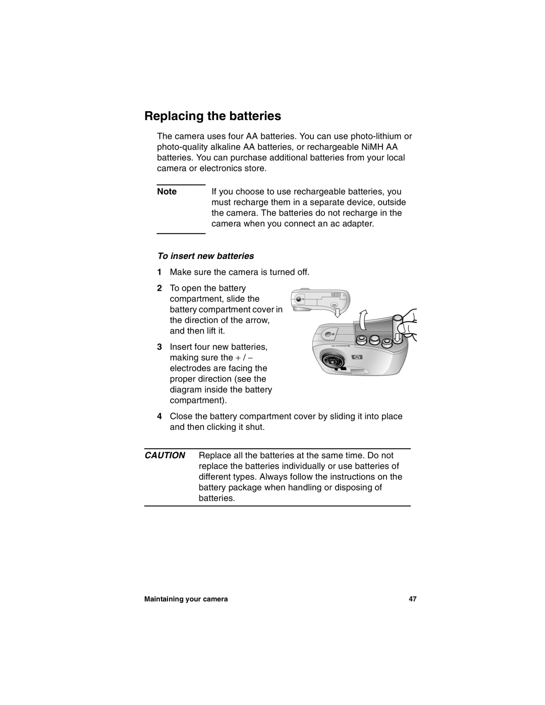 HP 612 manual Replacing the batteries, To insert new batteries 