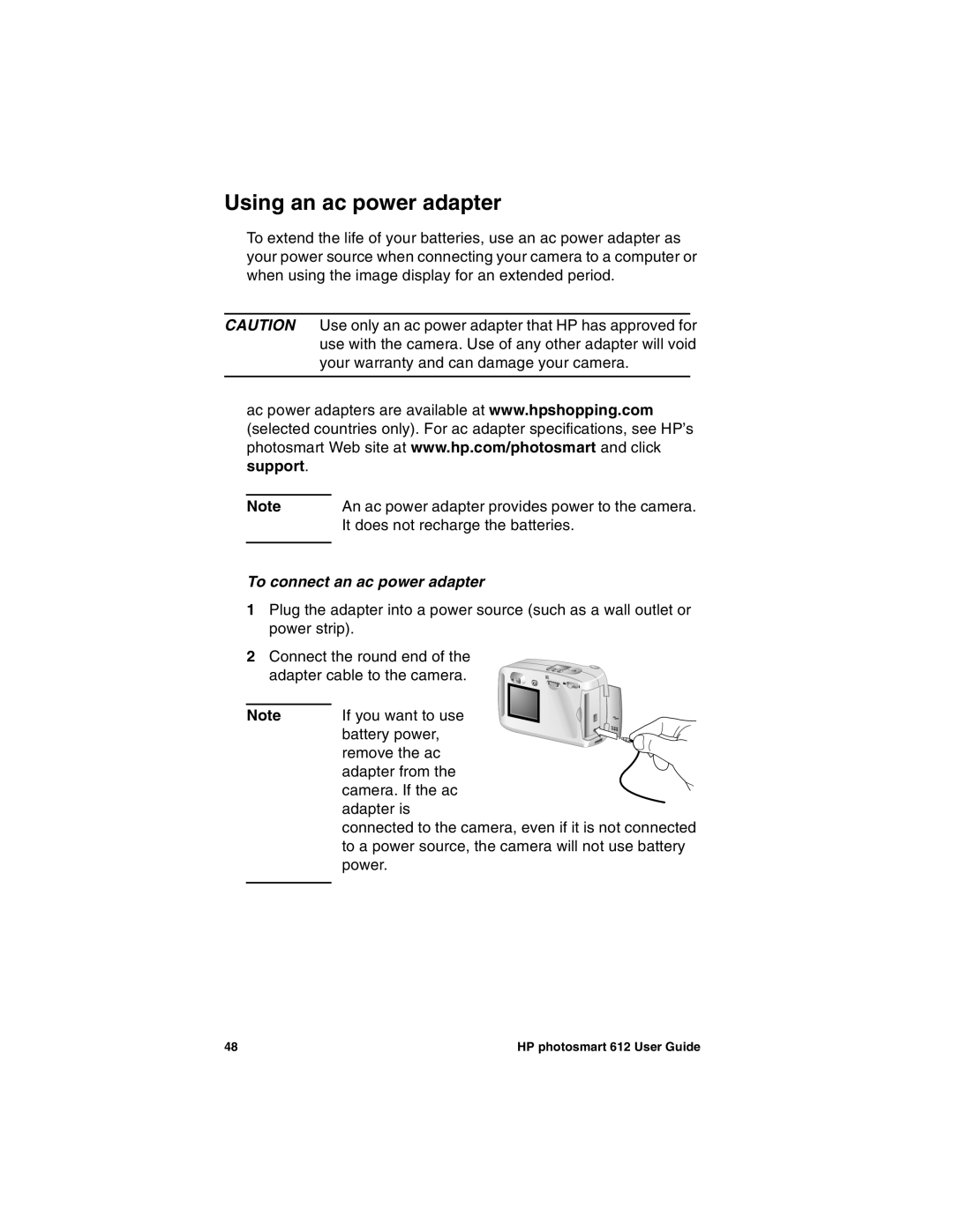 HP 612 manual Using an ac power adapter, Support, To connect an ac power adapter 