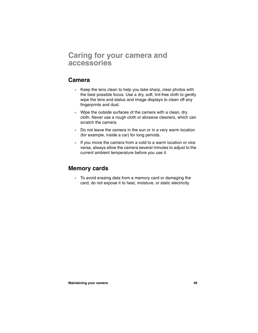 HP 612 manual Caring for your camera and accessories, Camera, Memory cards 