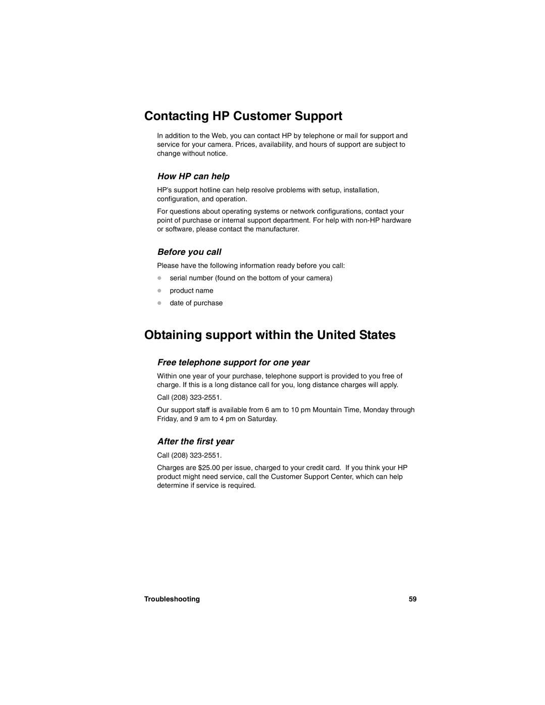 HP 612 manual Contacting HP Customer Support, Obtaining support within the United States 