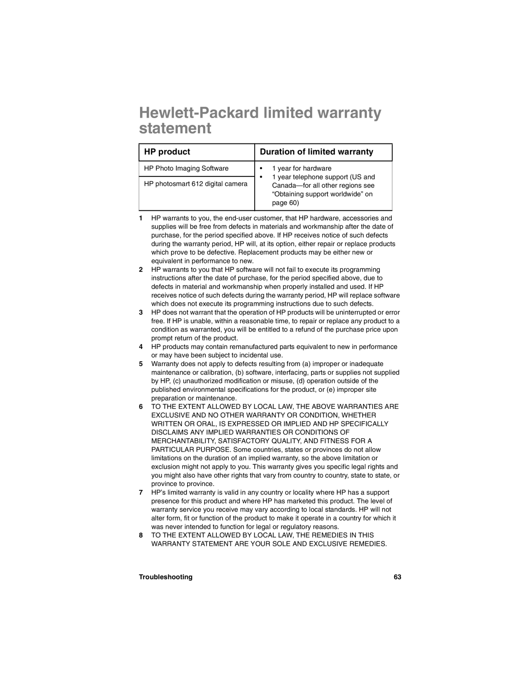 HP 612 manual Hewlett-Packard limited warranty statement, HP product Duration of limited warranty 