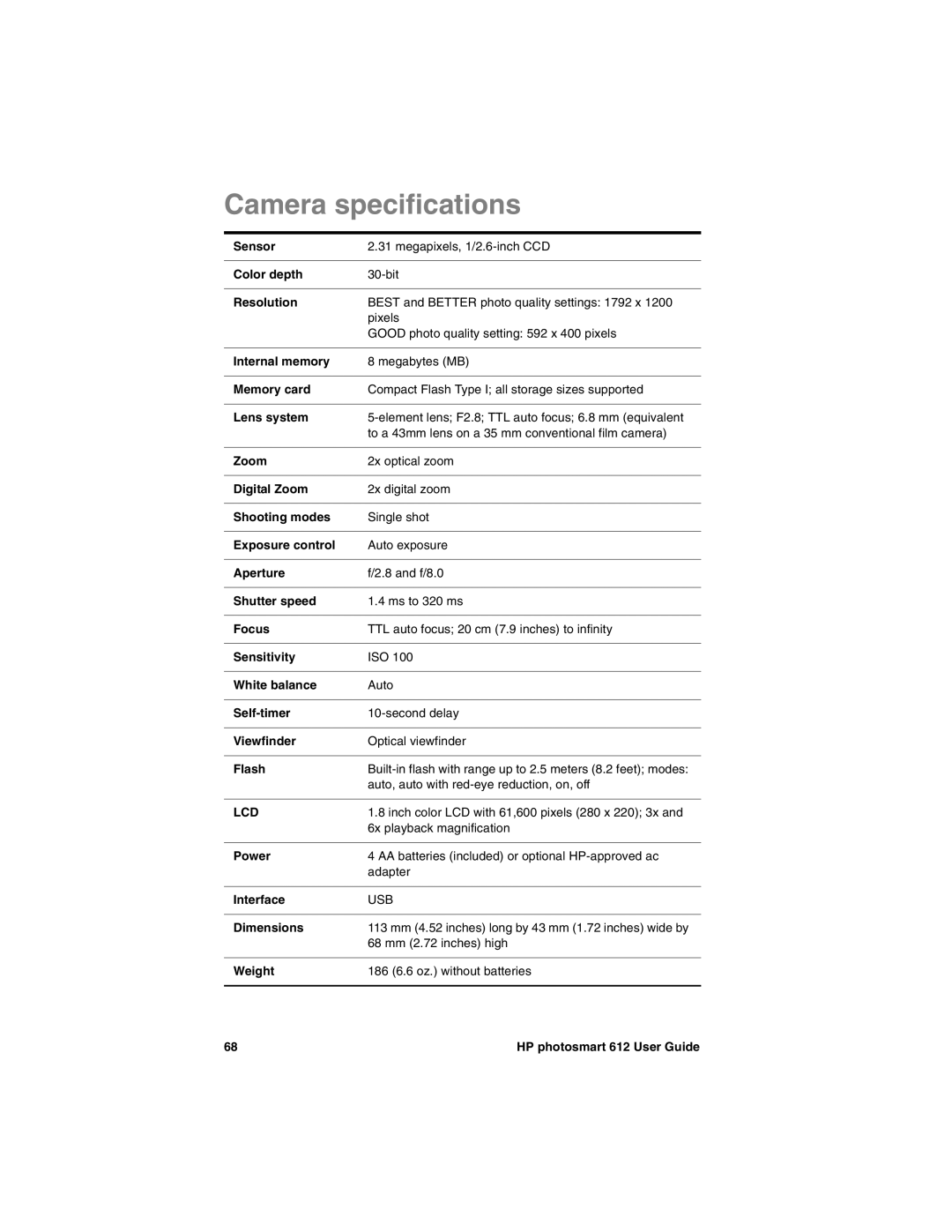 HP 612 manual Camera specifications 