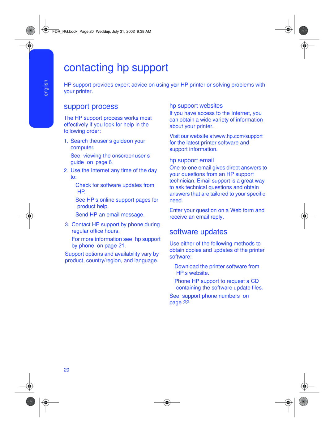 HP 6120 manual Contacting hp support, Support process, Software updates, Hp support websites, Hp support email 