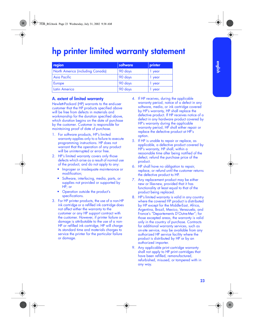 HP 6120 manual Hp printer limited warranty statement, Extent of limited warranty 