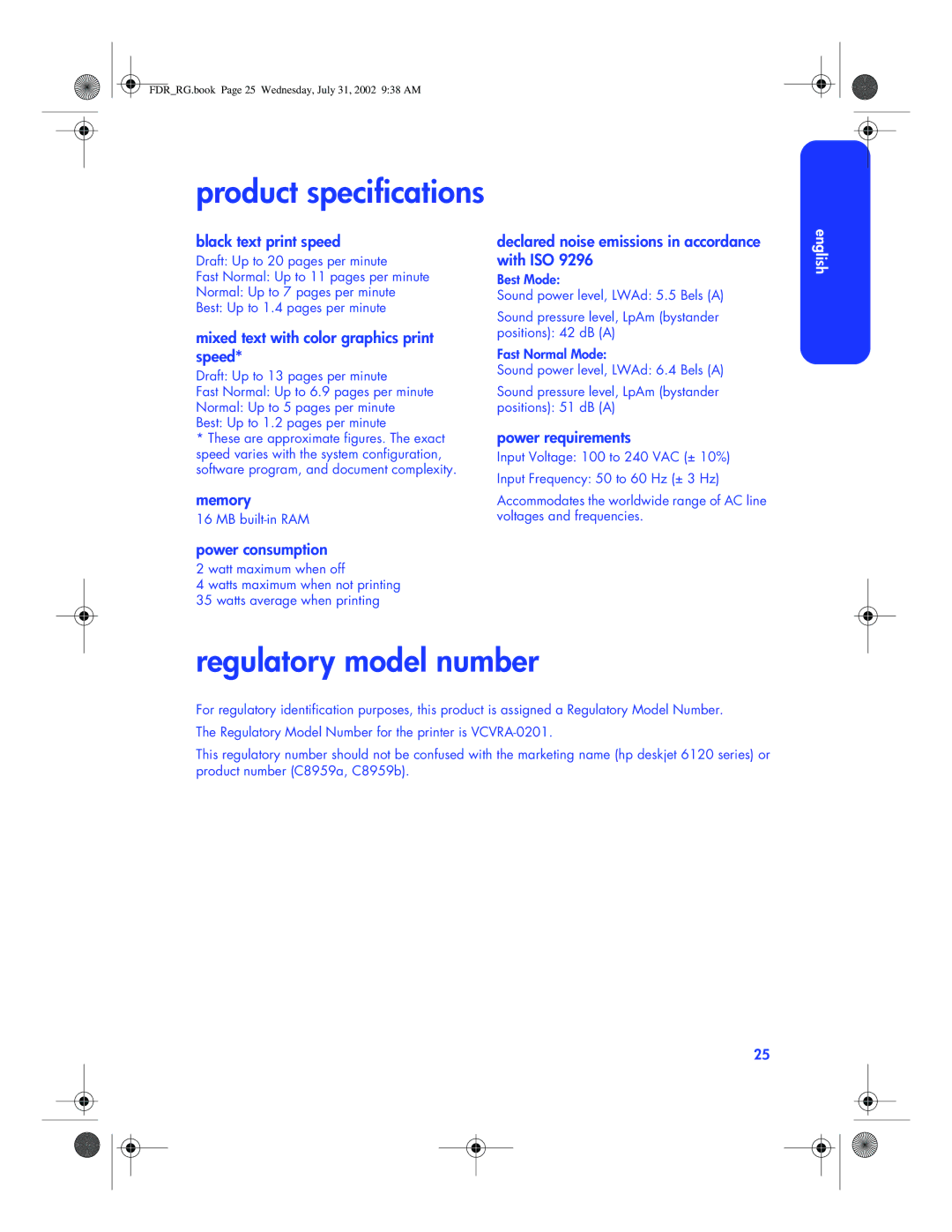 HP 6120 manual Product specifications, Regulatory model number 