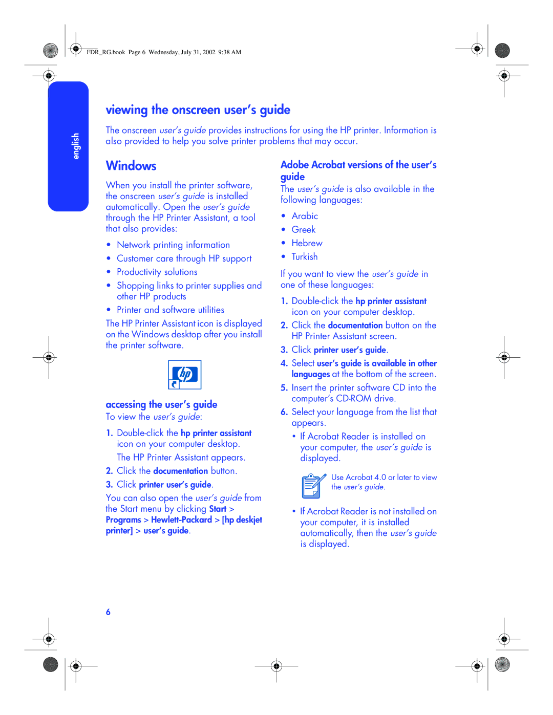HP 6120 Viewing the onscreen user’s guide, Windows, Adobe Acrobat versions of the user’s guide, Accessing the user’s guide 