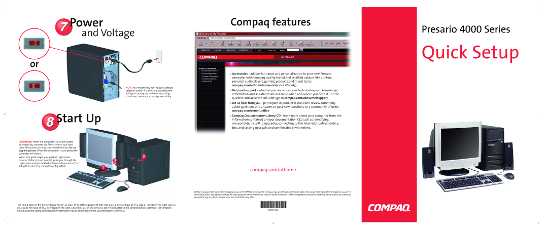 HP 6146TH manual Quick Setup, Power, Start Up, Compaq features 