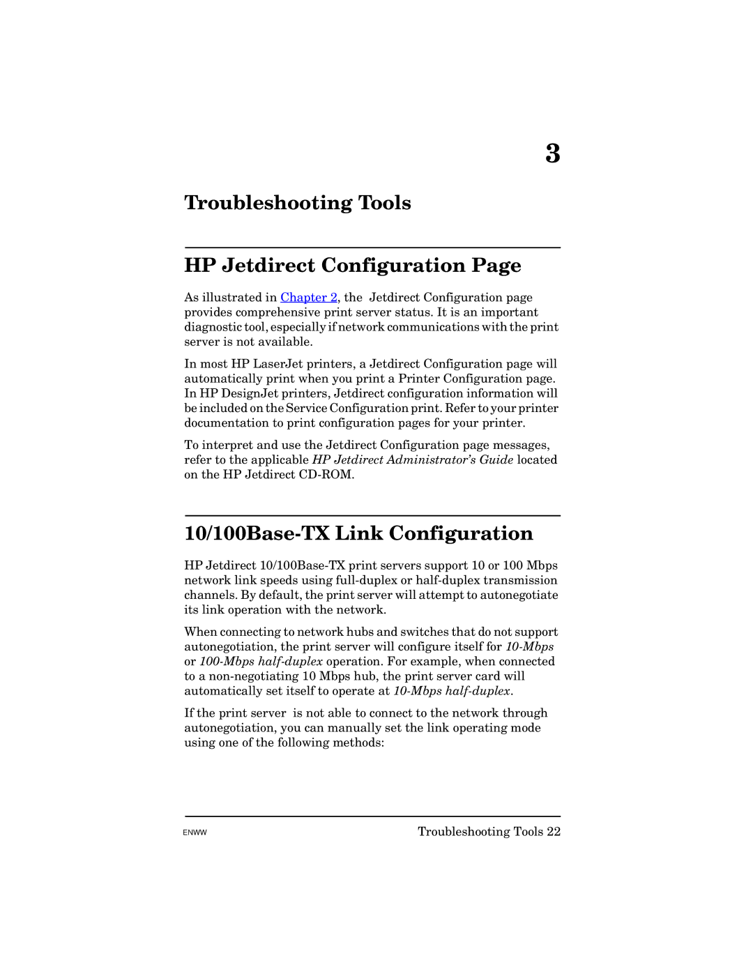 HP 615N manual Troubleshooting Tools HP Jetdirect Configuration, 10/100Base-TX Link Configuration 