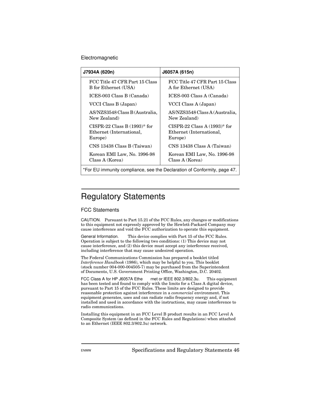 HP 615N manual Regulatory Statements, Electromagnetic, FCC Statements, J7934A 620n J6057A 615n 