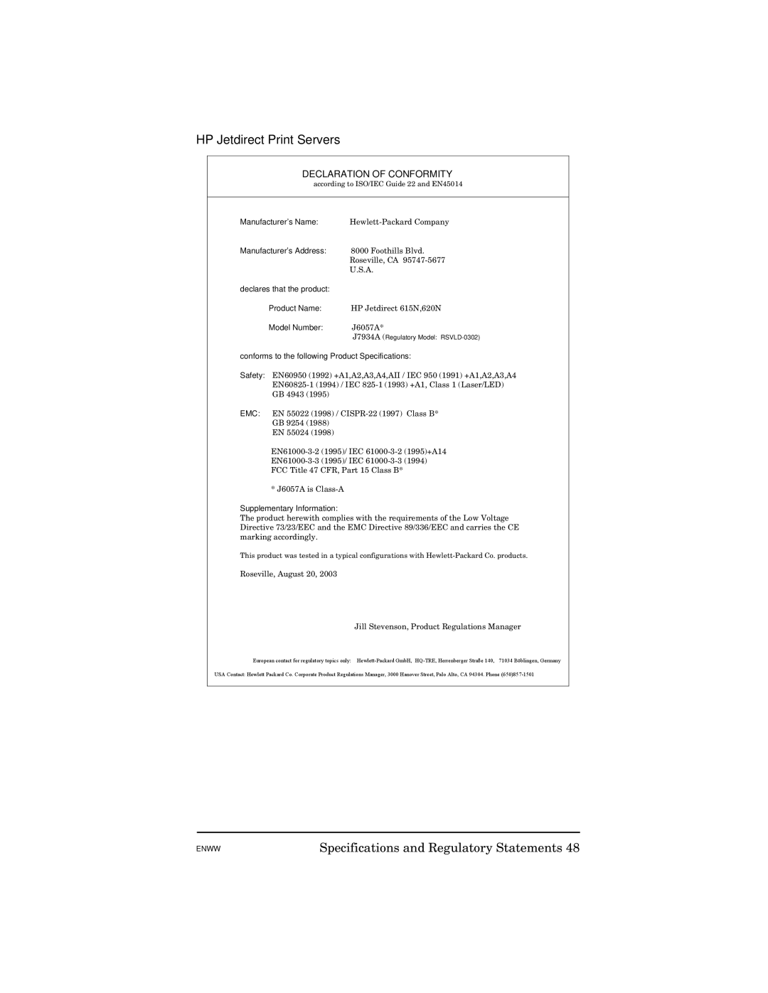 HP 615N manual HP Jetdirect Print Servers, Declaration of Conformity 