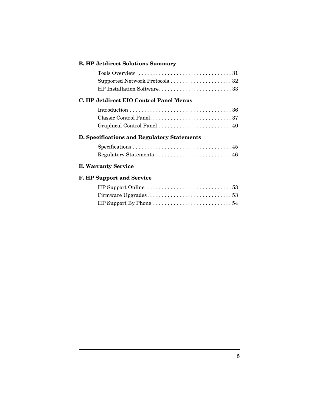 HP 615N HP Jetdirect Solutions Summary, HP Jetdirect EIO Control Panel Menus, Specifications and Regulatory Statements 