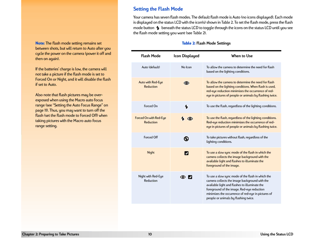 HP 618 manual Setting the Flash Mode, Flash Mode Settings, When to Use 