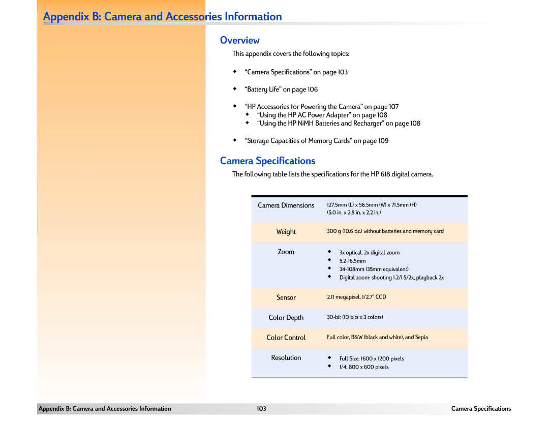 HP 618 manual Appendix B Camera and Accessories Information, Camera Specifications 