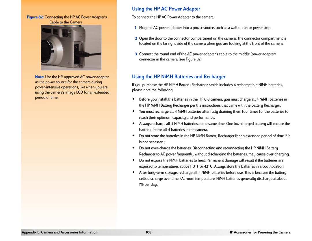 HP 618 manual Using the HP AC Power Adapter, Using the HP NiMH Batteries and Recharger 