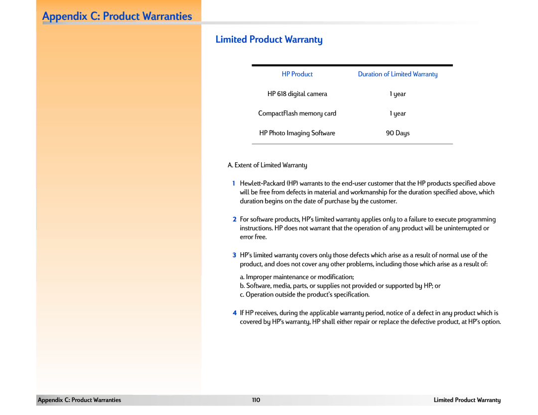 HP 618 manual Appendix C Product Warranties, Limited Product Warranty, Extent of Limited Warranty, Days 