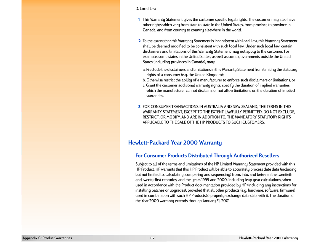 HP 618 manual Hewlett-Packard Year 2000 Warranty, Local Law 