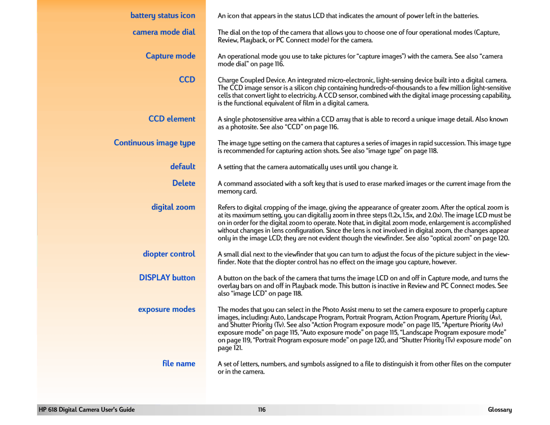 HP 618 Battery status icon, Camera mode dial, Capture mode, CCD element, Default, Delete, Digital zoom, Diopter control 
