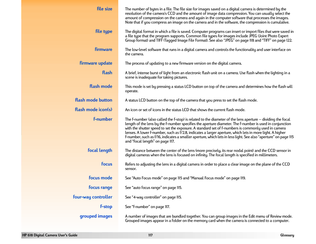 HP 618 File size, File type, Firmware update, Flash mode, Number, Focal length, Focus mode, Focus range, Stop 