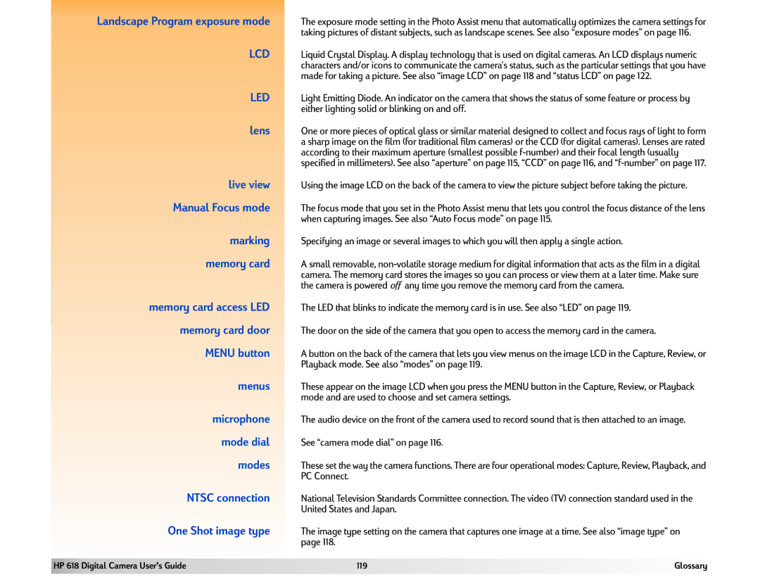 HP 618 manual Lens, Live view, Manual Focus mode, Marking, Memory card access LED, Memory card door, Menu button, Menus 