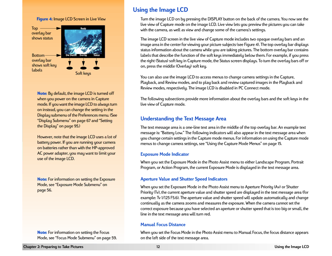 HP 618 manual Using the Image LCD, Understanding the Text Message Area, Exposure Mode Indicator, Manual Focus Distance 