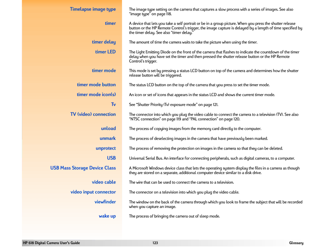 HP 618 Timelapse image type, Timer delay, Timer LED, Timer mode button, Timer mode icons, TV video connection 