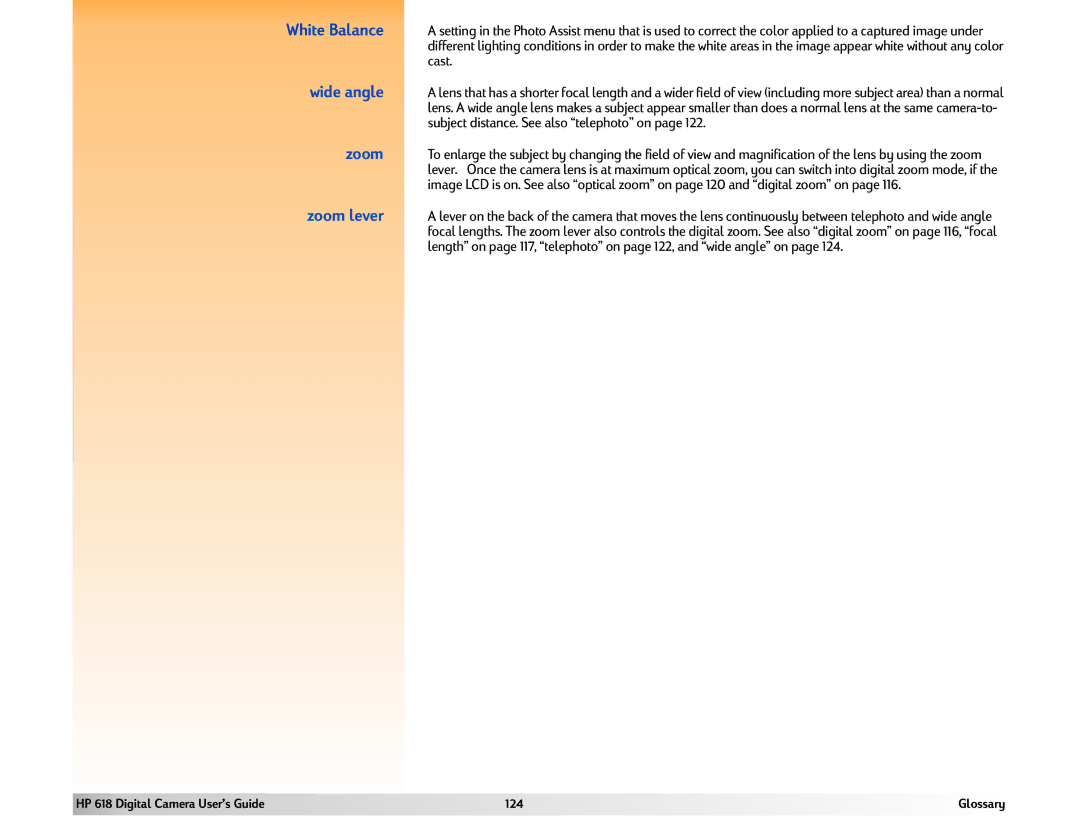 HP 618 manual Wide angle, Zoom lever, Cast, Subject distance. See also telephoto on 