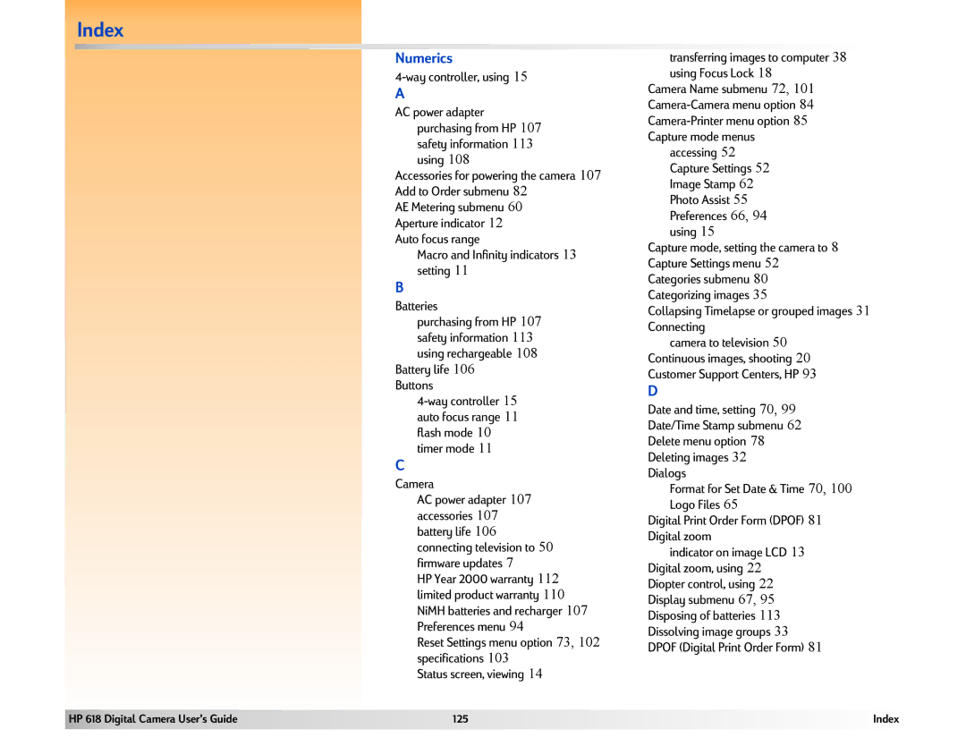 HP 618 manual Index, Numerics, Way controller, using, Safety information 113 using, Battery life 106 Buttons 