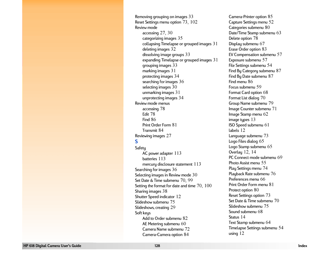 HP 618 manual AC power adapter 113 batteries, Logo Stamp submenu 65 Overlay 12, Reset Settings option 
