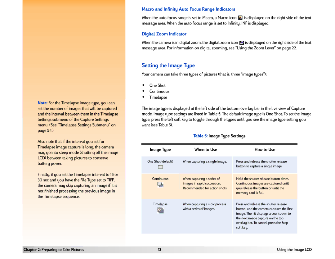 HP 618 Setting the Image Type, Macro and Infinity Auto Focus Range Indicators, Digital Zoom Indicator, Image Type Settings 