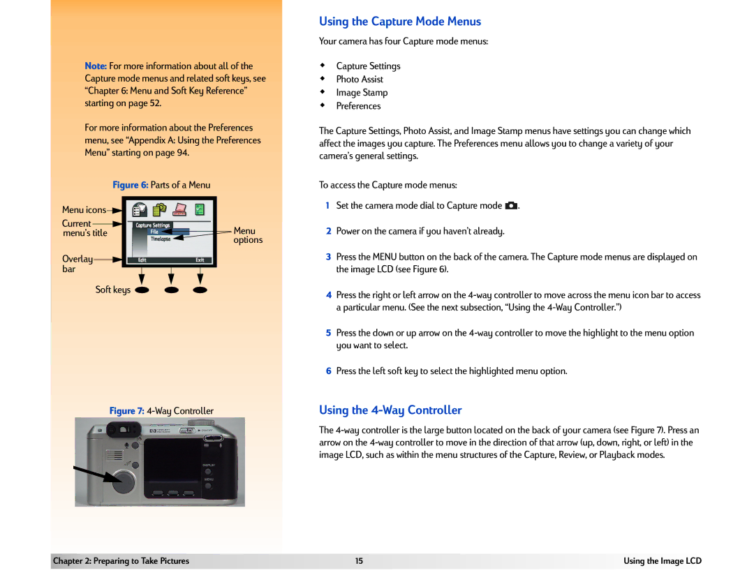 HP 618 manual Using the Capture Mode Menus, Using the 4-Way Controller 