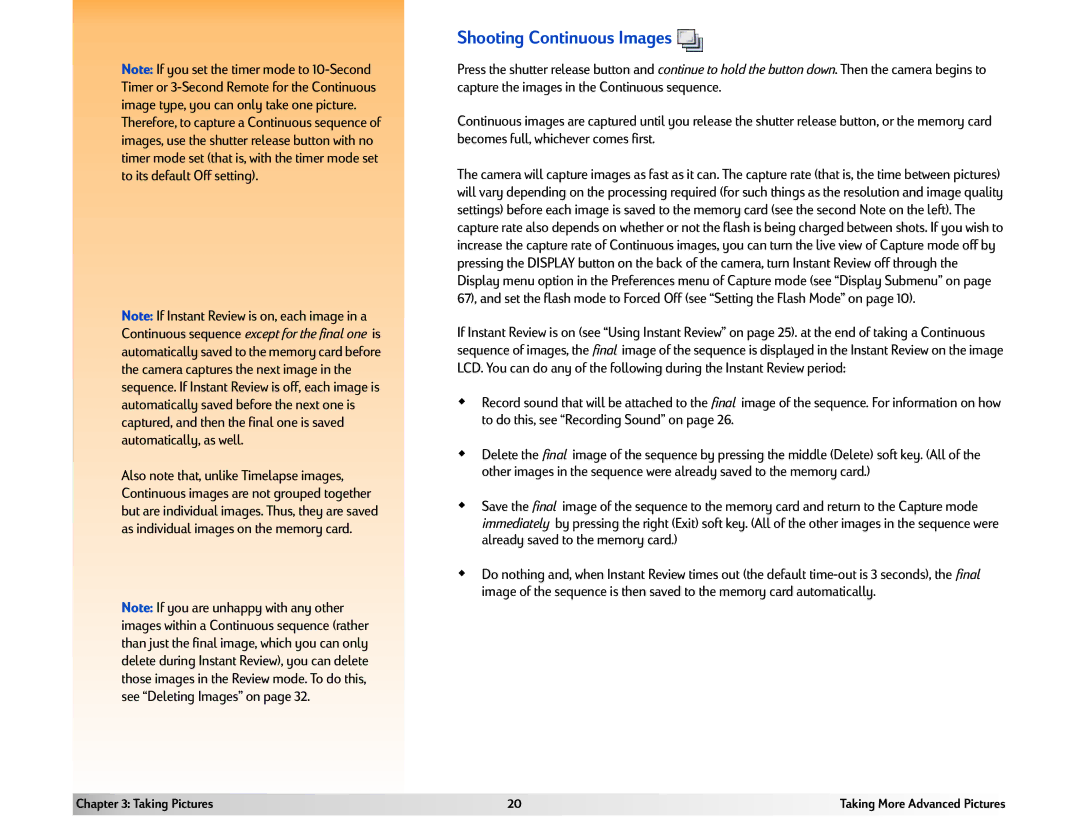 HP 618 manual Shooting Continuous Images 