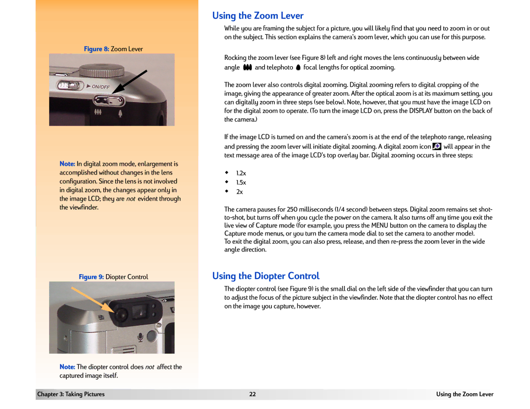 HP 618 manual Using the Zoom Lever, Using the Diopter Control, Angle and telephoto focal lengths for optical zooming 