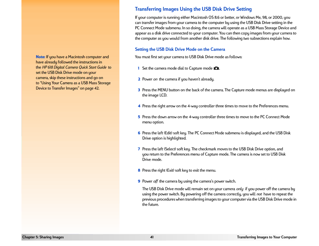 HP 618 manual Transferring Images Using the USB Disk Drive Setting, Setting the USB Disk Drive Mode on the Camera 