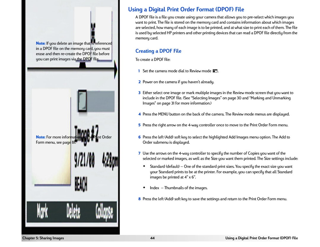 HP 618 manual Using a Digital Print Order Format Dpof File, Creating a Dpof File 