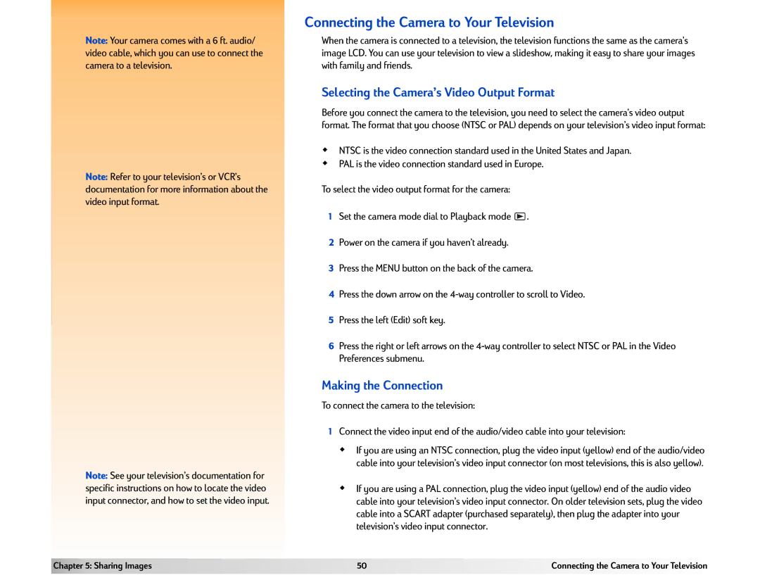 HP 618 manual Connecting the Camera to Your Television, Selecting the Camera’s Video Output Format, Making the Connection 