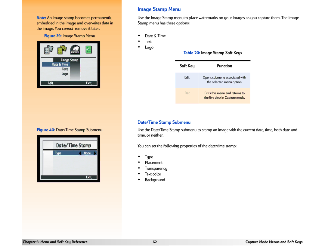 HP 618 manual Image Stamp Menu, Date/Time Stamp Submenu, Image Stamp Soft Keys 