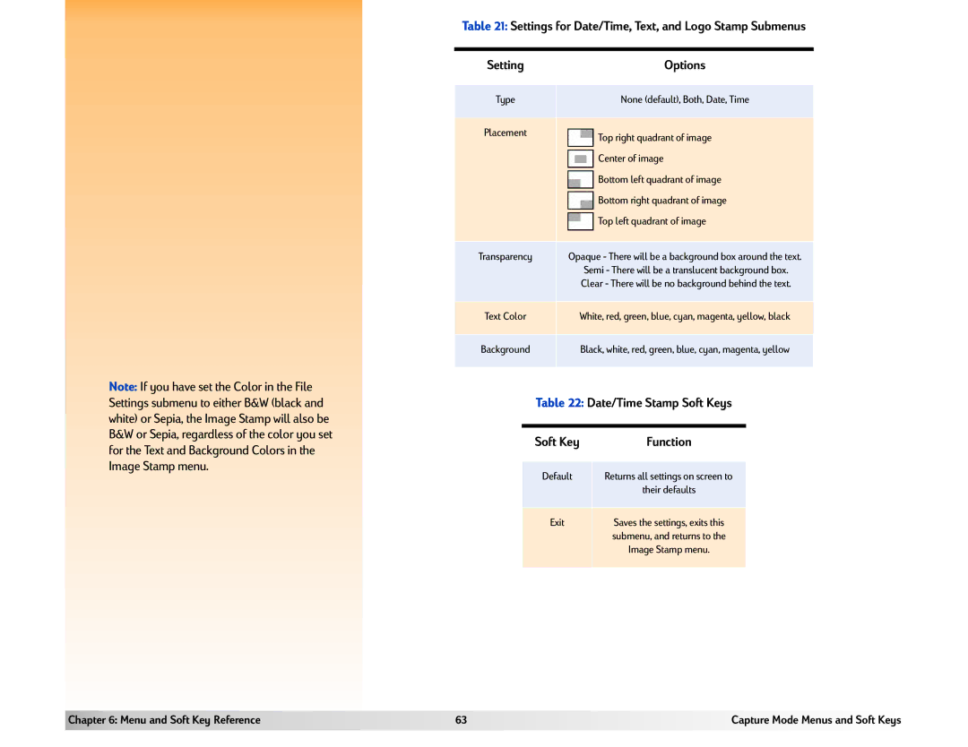 HP 618 manual Settings for Date/Time, Text, and Logo Stamp Submenus, Date/Time Stamp Soft Keys 