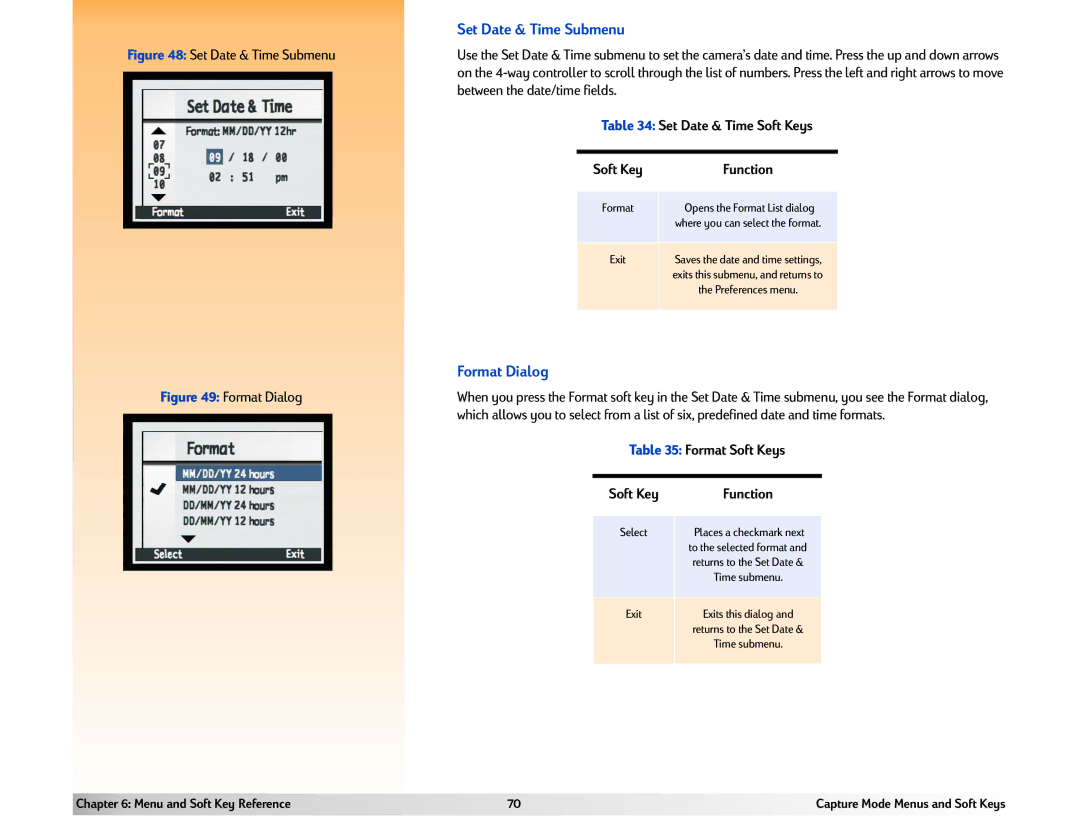 HP 618 Set Date & Time Submenu, Format Dialog, Between the date/time fields, Set Date & Time Soft Keys, Format Soft Keys 