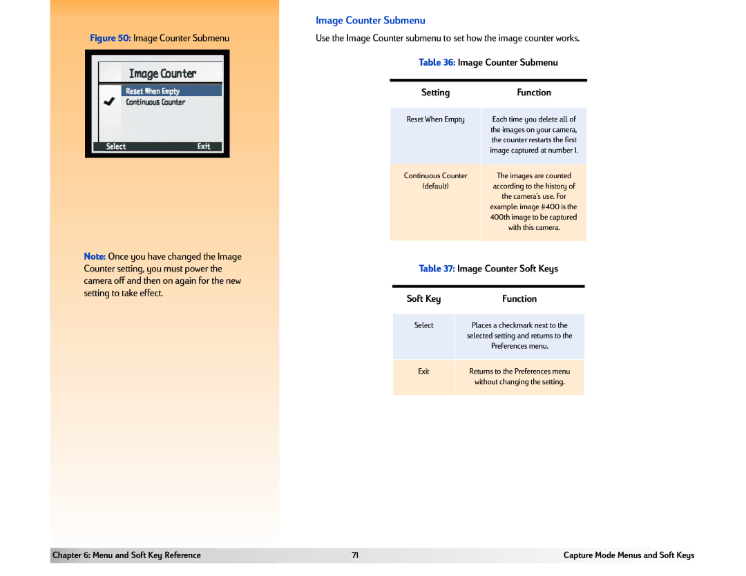 HP 618 manual Image Counter Submenu, Image Counter Soft Keys 