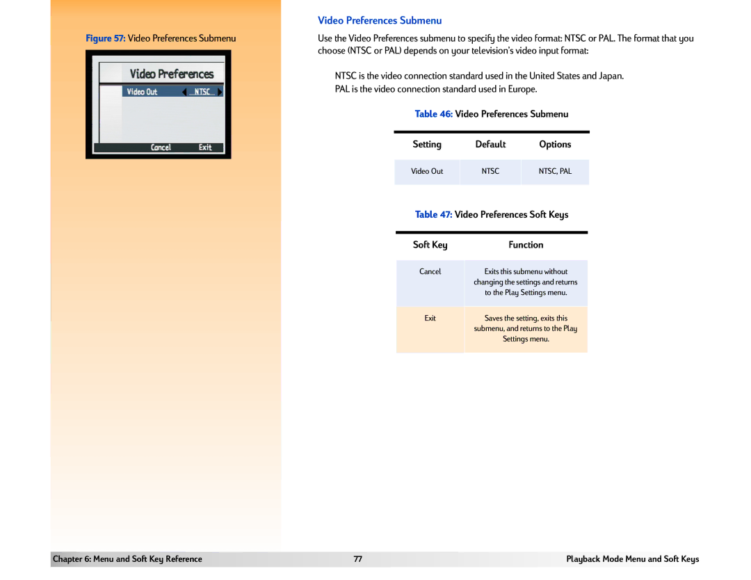 HP 618 manual Video Preferences Submenu, PAL is the video connection standard used in Europe, Options 