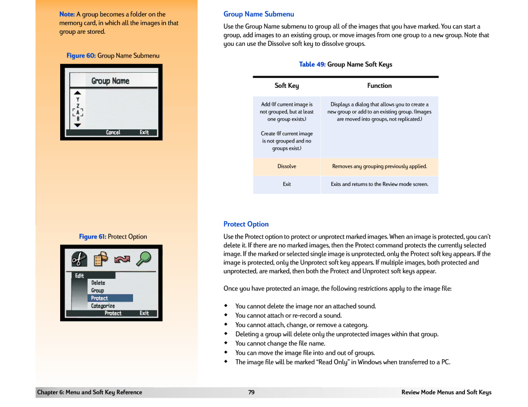 HP 618 manual Group Name Submenu, Protect Option, Group Name Soft Keys 